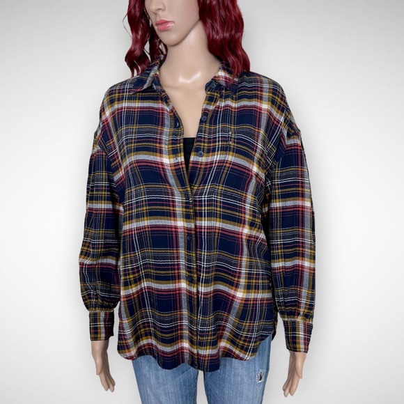 Twelve-O-Two Plaid Button Down Top size Small Blue Multi Studded Hi/Low - Picture 1 of 12
